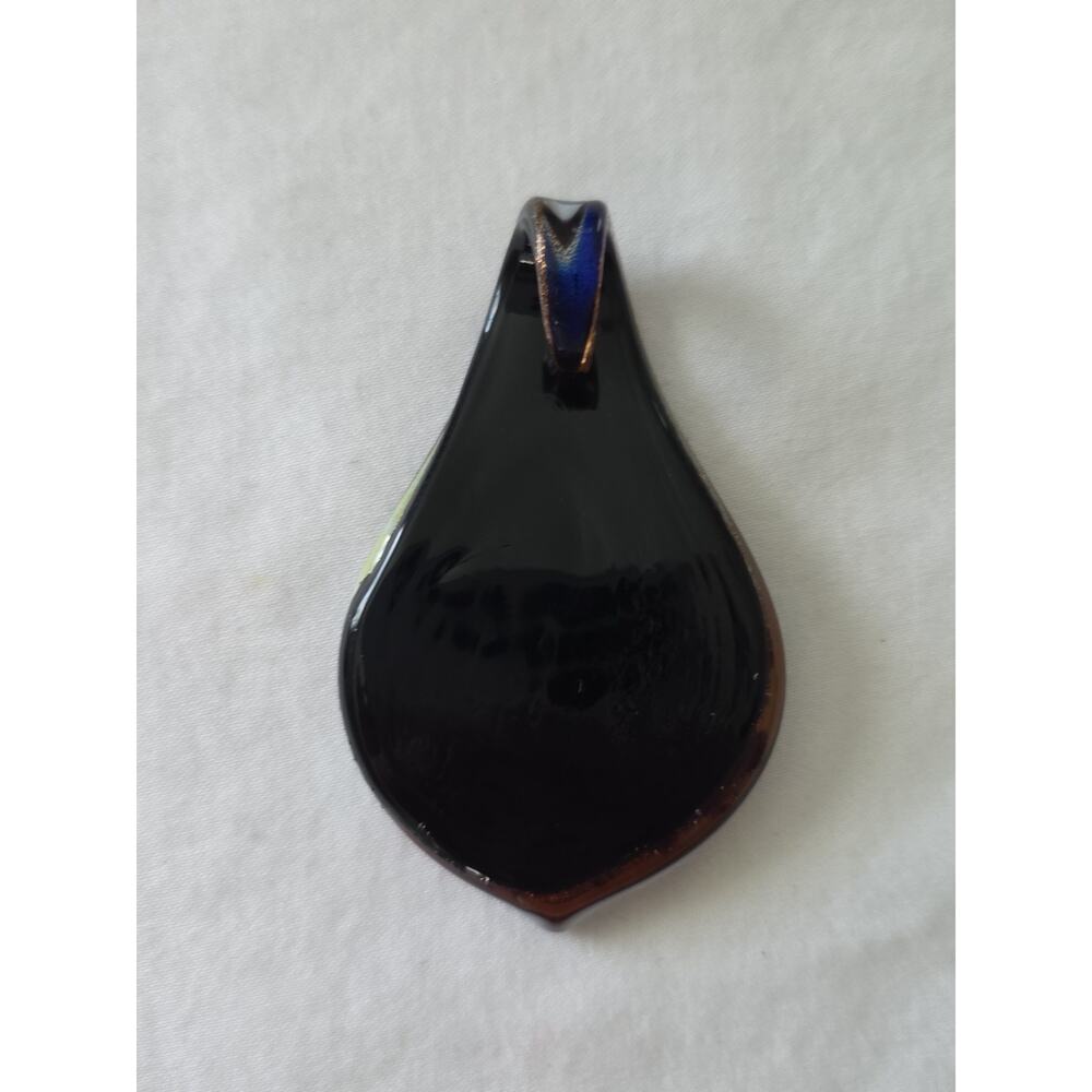 Teardrop Shape Large Murano Style Art Glass Pendant Black Blue Copper Gold Tones - Picture 2 of 8